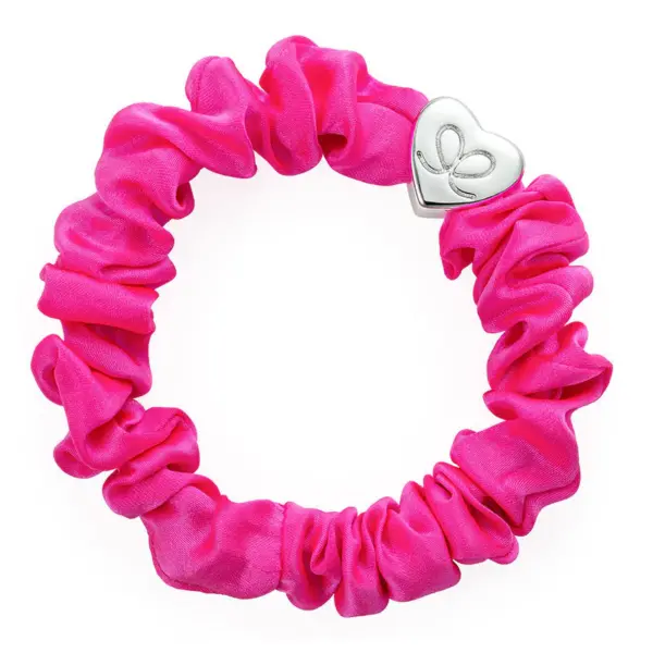 Silver Heart Silk Scrunchie Neon Pink