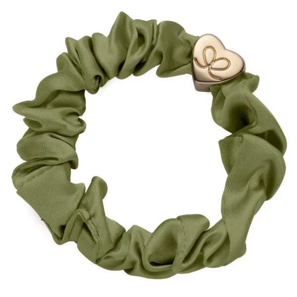 Gold Heart Silk Scrunchie Olive Green